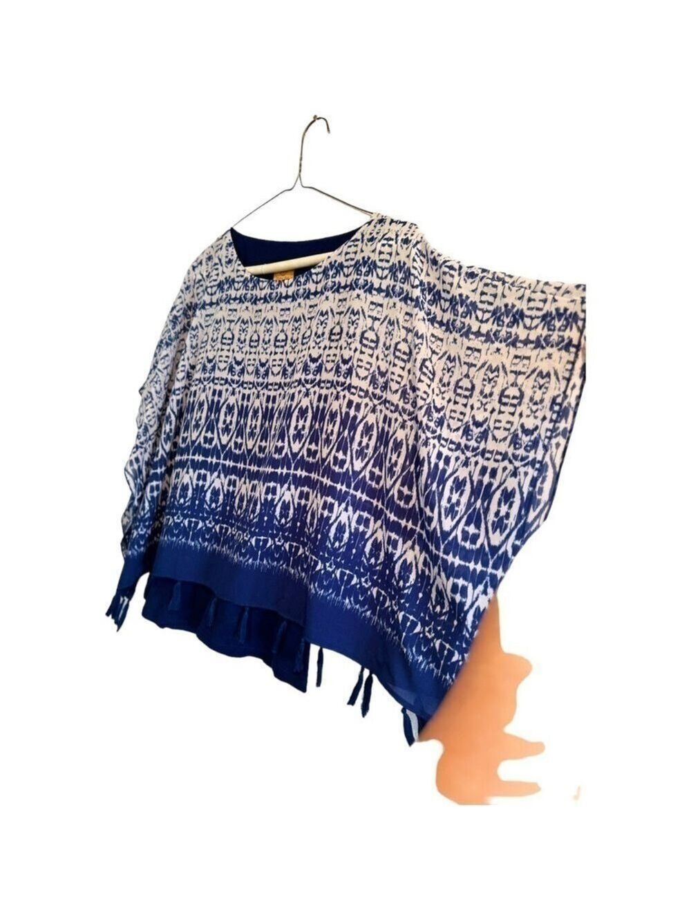Ruby Rd. Boho Abstract Tunic Blouse Blue & White Kimono Sleeves, PETITE Medium - Picture 12 of 15